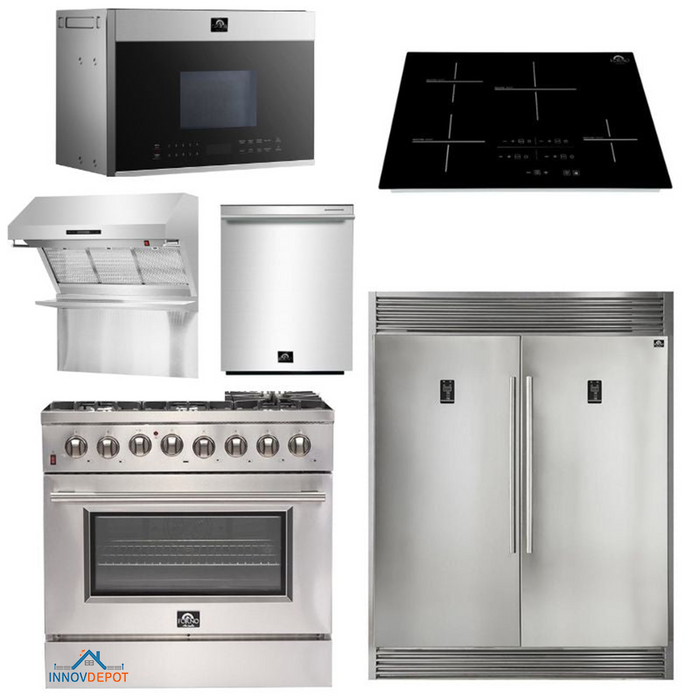 Forno Appliance Package - 36 Inch Gas Range, Range Hood, Refrigerator, Microwave Drawer, Dishwasher, Cook Top, FCTIN-FFSGS6244-36