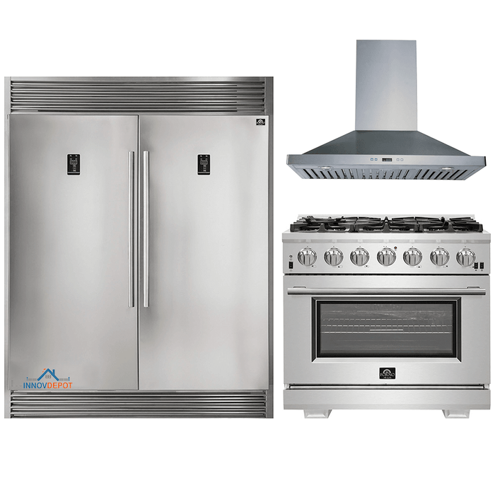 Forno 3-Piece Pro Appliance Package -36-Inch Gas Range, 56-Inch Pro-Style Refrigerator & Wall Mount Hood in Stainless Steel