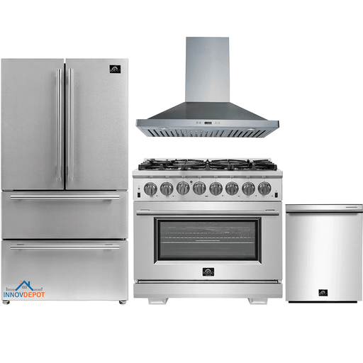 Forno 4-Piece Pro Appliance Package - 36-Inch Dual Fuel Range, Refrigerator, Wall Mount Hood, & 3-Rack Dishwasher in Stainless Steel