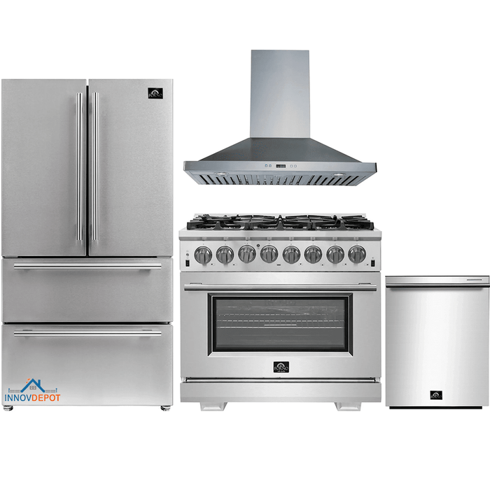 Forno 4-Piece Pro Appliance Package - 36-Inch Dual Fuel Range, Refrigerator, Wall Mount Hood, & 3-Rack Dishwasher in Stainless Steel