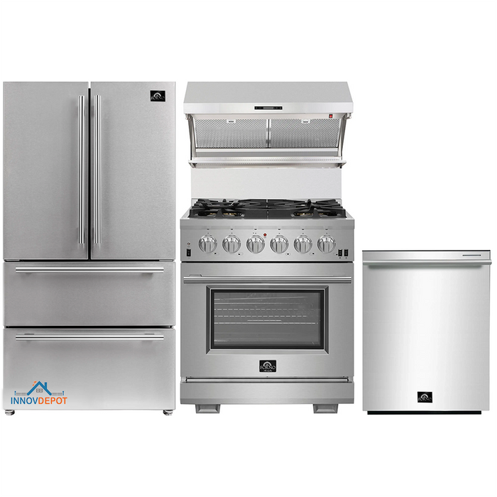 Forno 4-Piece Pro Appliance Package - 30-Inch Gas Range, French Door Refrigerator, Wall Mount Hood with Backsplash, and Dishwasher in Stainless Steel