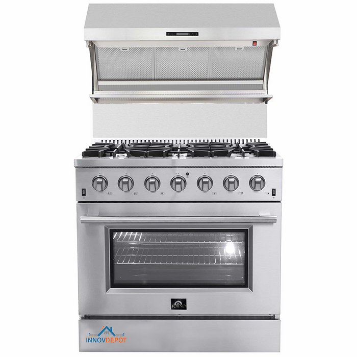 Forno 2-Piece Appliance Package - 36-Inch Gas Range & Wall Mount Hood with Backsplash in Stainless Steel