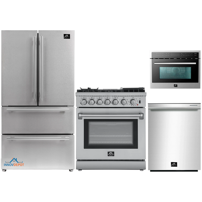 Forno 4-Piece Appliance Package - 30-Inch Dual Fuel Range with Air Fryer, Refrigerator, Microwave Oven, & 3-Rack Dishwasher in Stainless Steel