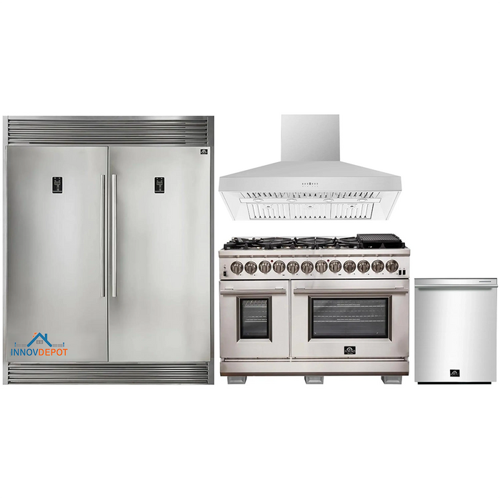 Forno 4-Piece Pro Appliance Package - 30-Inch Gas Range, 56-Inch Pro-Style Refrigerator, Wall Mount Hood, & 3-Rack Dishwasher in Stainless Steel