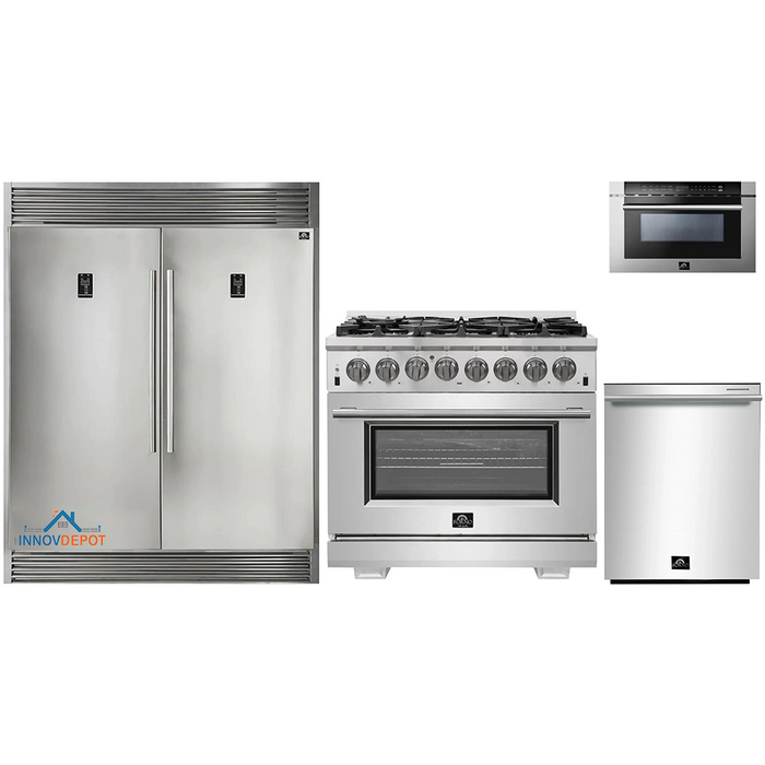 Forno 4-Piece Pro Appliance Package - 36-Inch Dual Fuel Range, Refrigerator with Water Dispenser, Microwave Drawer, & 3-Rack Dishwasher in Stainless Steel