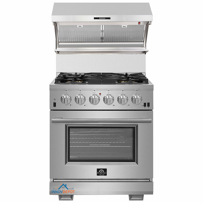 Forno 2-Piece Pro Appliance Package - 30-Inch Gas Range & Wall Mount Hood with Backsplash in Stainless Steel