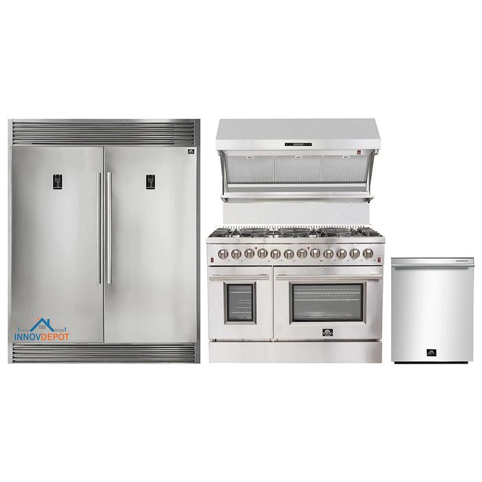 Forno 4-Piece Appliance Package - 48-Inch Dual Fuel Range, 56-Inch Pro-Style Refrigerator, Wall Mount Hood with Backsplash, & 3-Rack Dishwasher in Stainless Steel