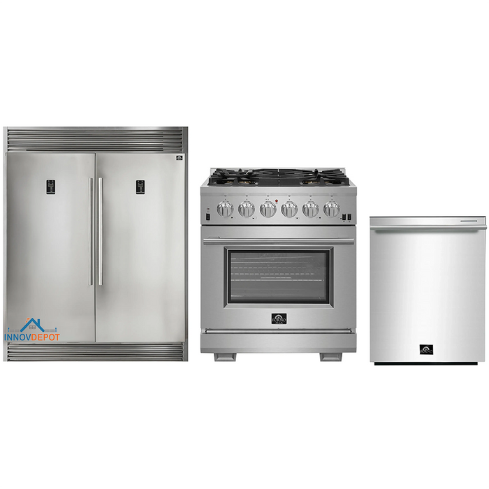 Forno 3-Piece Pro Appliance Package - 30-Inch Gas Range, Pro-Style Refrigerator, and Dishwasher in Stainless Steel