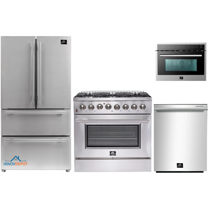 Forno 4-Piece Appliance Package - 36-Inch Dual Fuel Range, Refrigerator, Microwave Oven, & 3-Rack Dishwasher in Stainless Steel