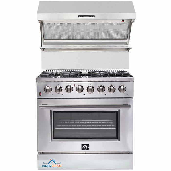 Forno 2-Piece Appliance Package - 36-Inch Dual Fuel Range & Wall Mount Hood with Backsplash in Stainless Steel