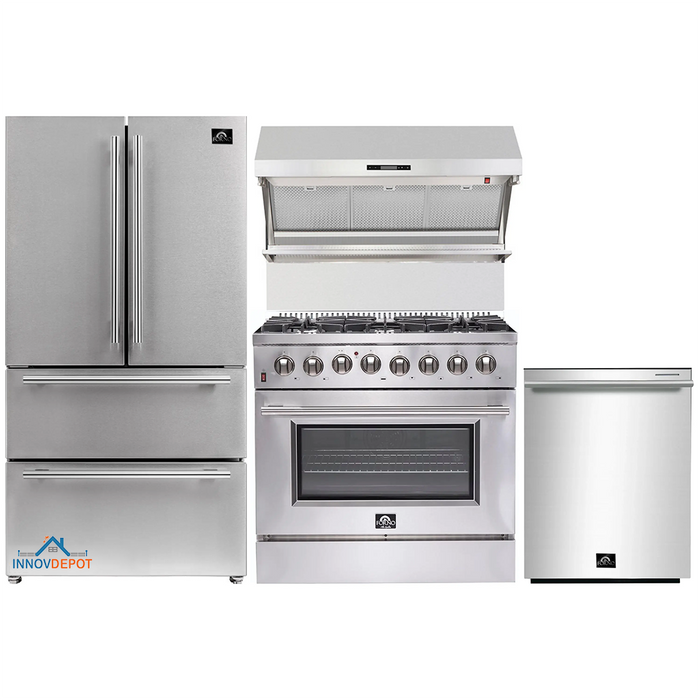 Forno 4-Piece Appliance Package - 36-Inch Dual Fuel Range, Refrigerator, Wall Mount Hood with Backsplash, & 3-Rack Dishwasher in Stainless Steel