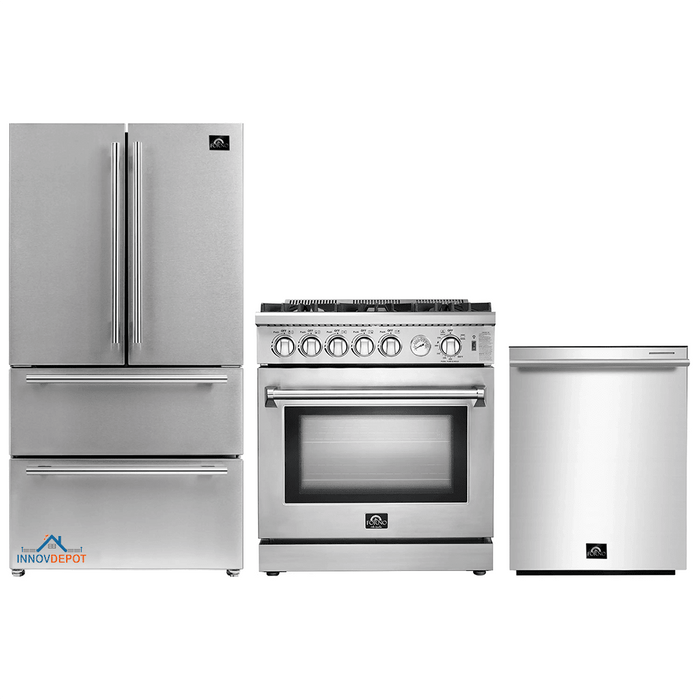 Forno 3-Piece Appliance Package - 30-Inch Gas Range, French Door Refrigerator, and Dishwasher in Stainless Steel