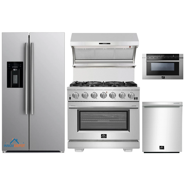 Forno 5-Piece Pro Appliance Package - 36-Inch Gas Range, Refrigerator with Water Dispenser, Wall Mount Hood with Backsplash, Microwave Drawer, & 3-Rack Dishwasher in Stainless Steel