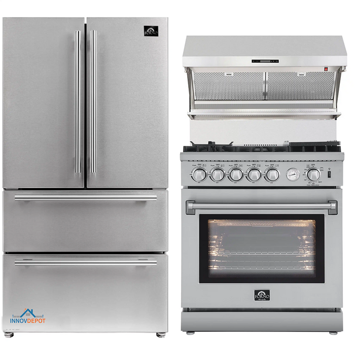 Forno 3-Piece Appliance Package - 30-Inch Gas Range with Air Fryer, 36-Inch Refrigerator & Wall Mount Hood with Backsplash in Stainless Steel