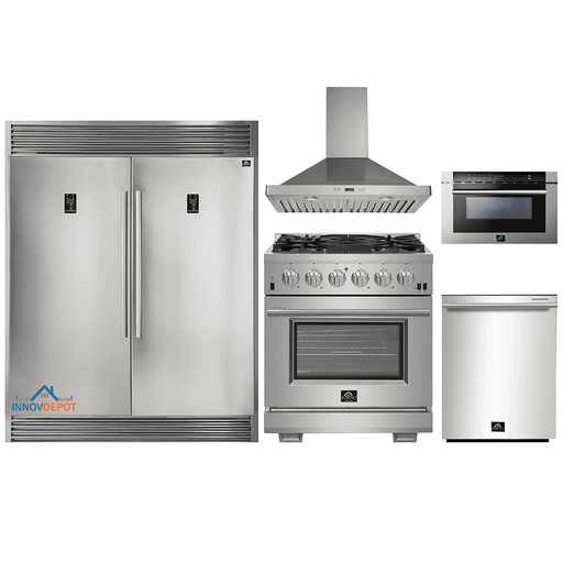Forno 5-Piece Pro Appliance Package - 30-Inch Gas Range, 56-Inch Pro-Style Refrigerator, Wall Mount Hood, Microwave Drawer, & 3-Rack Dishwasher in Stainless Steel