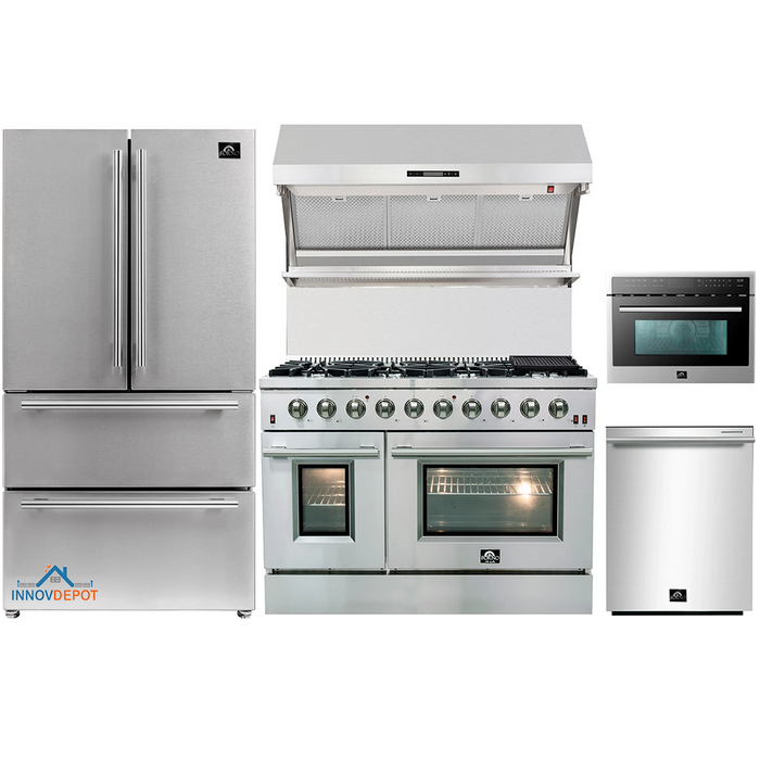 Forno 5-Piece Appliance Package - 48-Inch Gas Range, Refrigerator, Wall Mount Hood with Backsplash, Microwave Oven, & 3-Rack Dishwasher in Stainless Steel