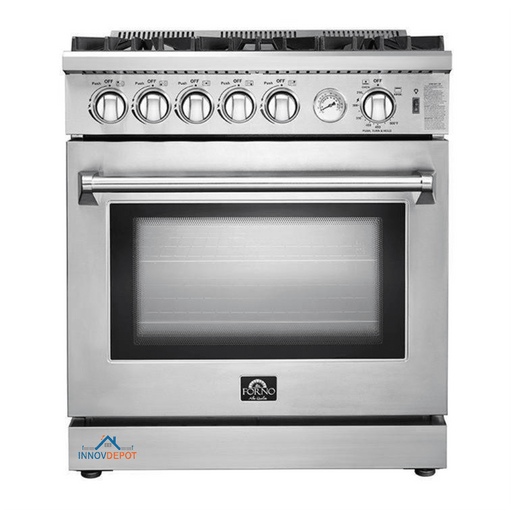 Forno 5-Piece Appliance Package - 30-Inch Gas Range, Refrigerator with Water Dispenser, Wall Mount Hood, Microwave Drawer, & 3-Rack Dishwasher in Stainless Steel