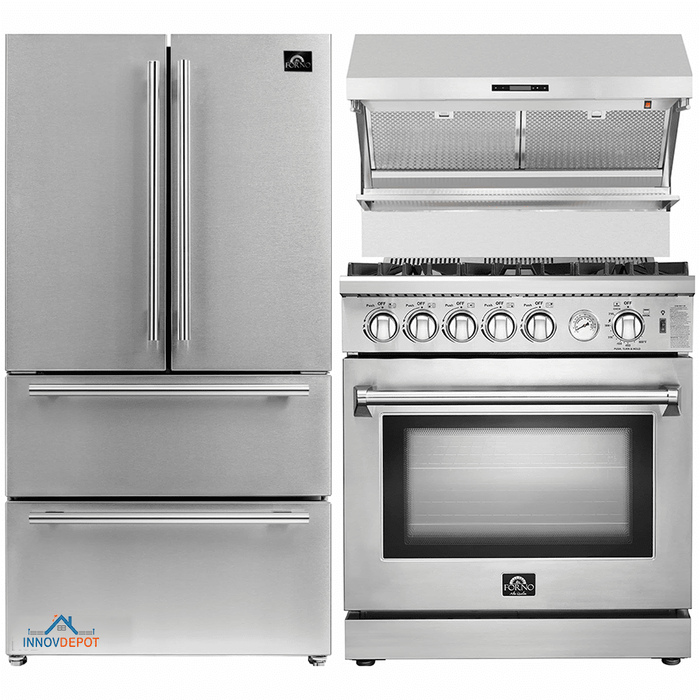 Forno 3-Piece Appliance Package - 30-Inch Gas Range, Refrigerator, & Wall Mount Hood with Backsplash in Stainless Steel