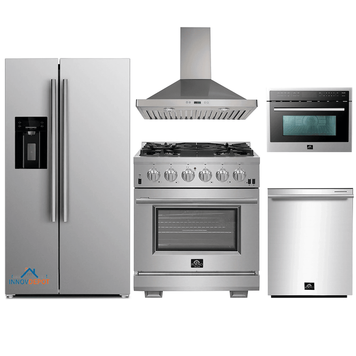 Forno 5-Piece Pro Appliance Package - 30-Inch Gas Range, Refrigerator with Water Dispenser, Wall Mount Hood, Microwave Oven, & 3-Rack Dishwasher in Stainless Steel