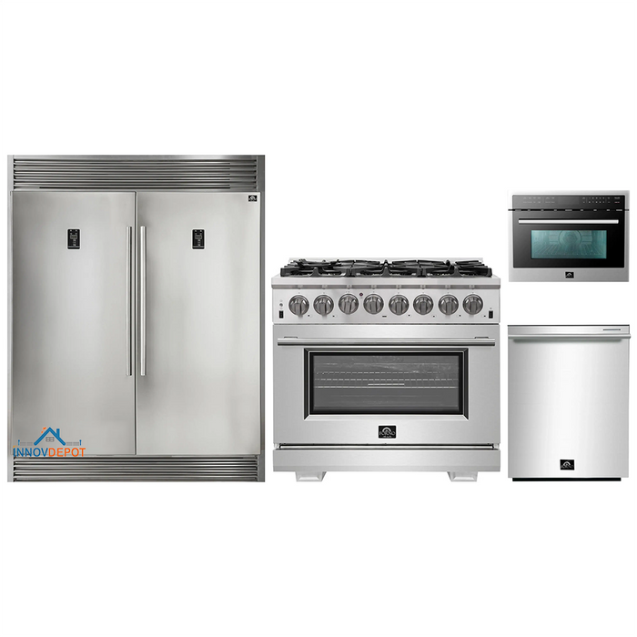 Forno 4-Piece Pro Appliance Package - 36-Inch Dual Fuel Range, 56-Inch Pro-Style Refrigerator, Microwave Oven, & 3-Rack Dishwasher in Stainless Steel