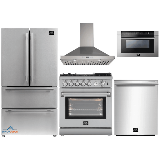 Forno 5-Piece Appliance Package - 30-Inch Gas Range with Air Fryer, Refrigerator, Wall Mount Hood, Microwave Drawer, & 3-Rack Dishwasher in Stainless Steel
