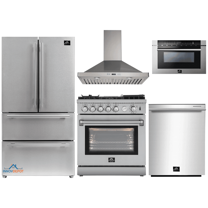 Forno 5-Piece Appliance Package - 30-Inch Gas Range with Air Fryer, Refrigerator, Wall Mount Hood, Microwave Drawer, & 3-Rack Dishwasher in Stainless Steel