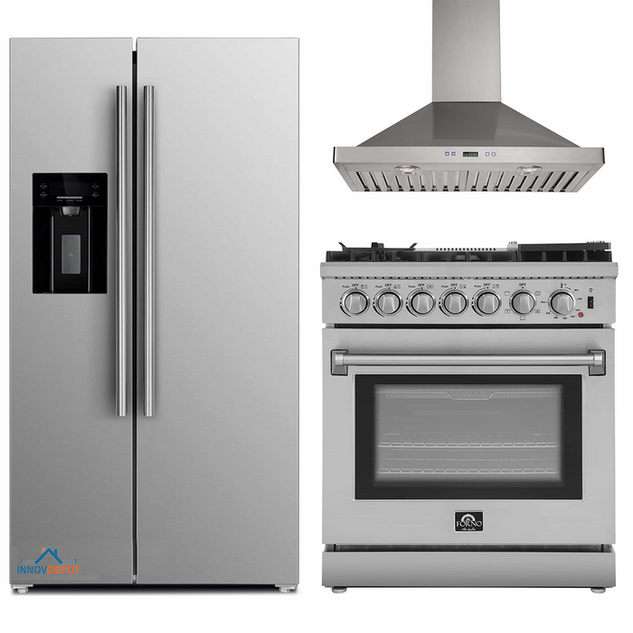 Forno 3-Piece Appliance Package - 30-Inch Dual Fuel Range with Air Fryer, Refrigerator with Water Dispenser,& Wall Mount Hood in Stainless Steel