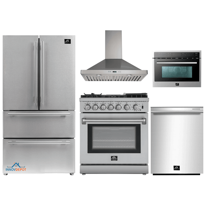 Forno 5-Piece Appliance Package - 30-Inch Dual Fuel Range with Air Fryer, Refrigerator, Wall Mount Hood, Microwave Oven, & 3-Rack Dishwasher in Stainless Steel