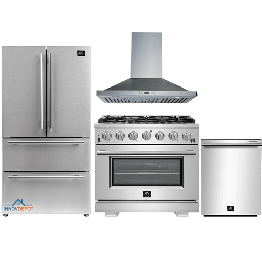 Forno 4-Piece Pro Appliance Package - 36-Inch Gas Range, Refrigerator, Wall Mount Hood, & 3-Rack Dishwasher in Stainless Steel