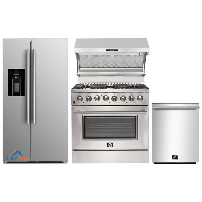 Forno 4-Piece Appliance Package - 36-Inch Dual Fuel Range, Refrigerator with Water Dispenser, Wall Mount Hood with Backsplash, & 3-Rack Dishwasher in Stainless Steel