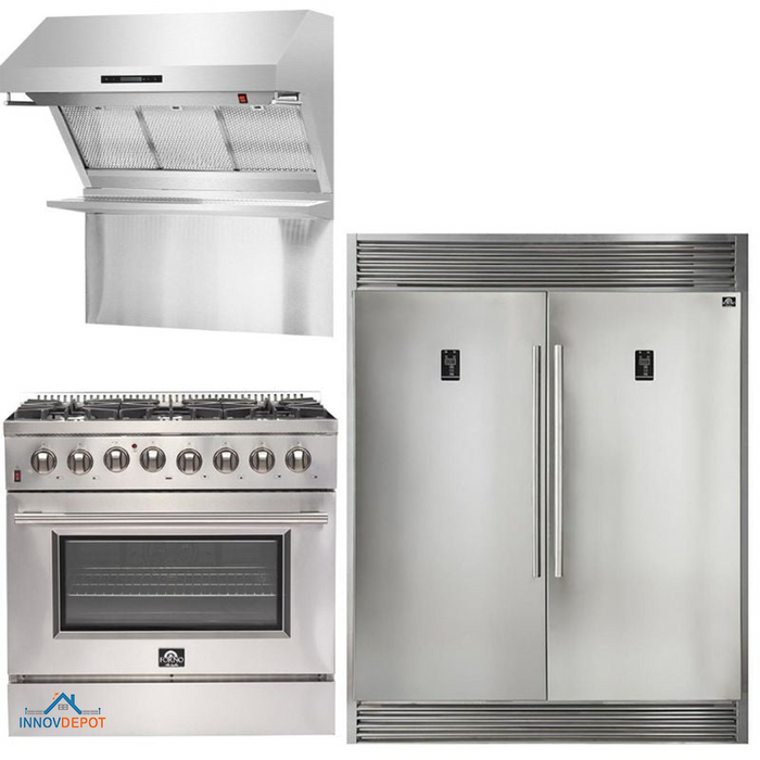 Forno Appliance Package - 36 Inch Dual Fuel Range, Range Hood, 60 Inch Refrigerator, FRHWM-FFSGS6156-36