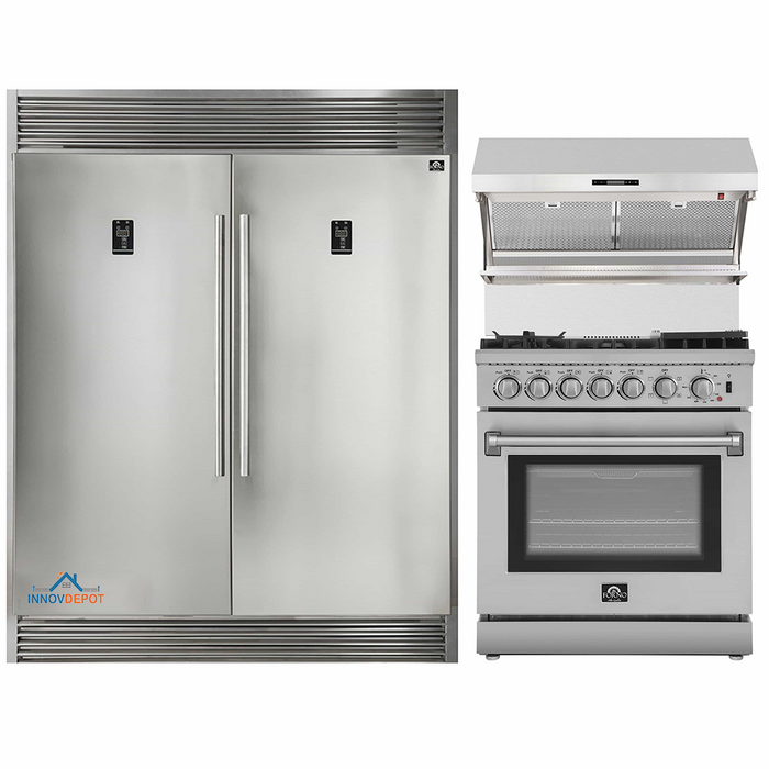 Forno 3-Piece Appliance Package - 30-Inch Dual Fuel Range with Air Fryer, 56-Inch Pro-Style Refrigerator & Wall Mount Hood with Backsplash in Stainless Steel