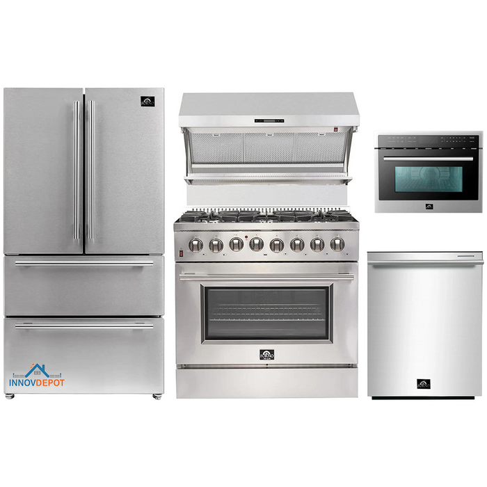 Forno 5-Piece Pro Appliance Package - 36" Dual Fuel Range, 36" Refrigerator, Wall Mount Hood with Backsplash, Microwave Drawer, & 3-Rack Dishwasher in Stainless Steel