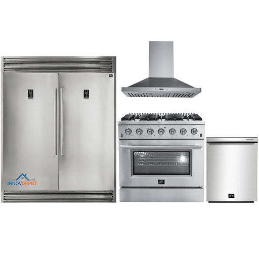 Forno 4-Piece Appliance Package - 36-Inch Gas Range, 56-Inch Pro-Style Refrigerator, Wall Mount Hood, & 3-Rack Dishwasher in Stainless Steel