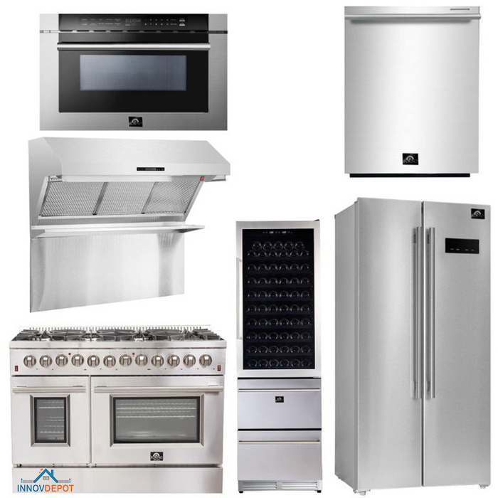 Forno Appliance Package - 48 Inch Dual Fuel Range, Range Hood, Built-In Refrigerator, Microwave Drawer, Dishwasher, Wine Cooler, 33SB-FFSGS6156-48