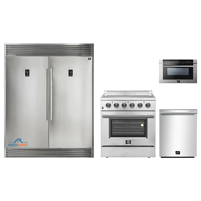 Forno 4-Piece Appliance Package - 30-Inch Electric Range, Pro-Style Refrigerator, Dishwasher, and Microwave Drawer in Stainless Steel