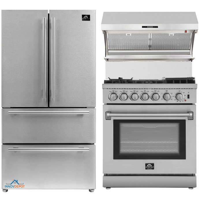 Forno 3-Piece Appliance Package - 30-Inch Dual Fuel Range with Air Fryer, 36-Inch Refrigerator & Wall Mount Hood with Backsplash in Stainless Steel