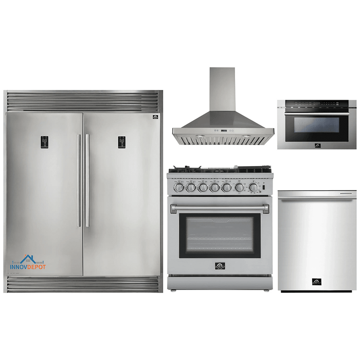Forno 5-Piece Appliance Package - 30-Inch Dual Fuel Range with Air Fryer, 56-Inch Pro-Style Refrigerator, Wall Mount Hood, Microwave Drawer, & 3-Rack Dishwasher in Stainless Steel