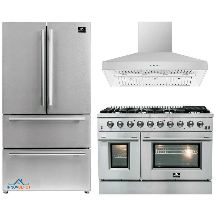 Forno 3-Piece Appliance Package - 30-Inch Gas Range, 36-Inch Refrigerator & Wall Mount Hood in Stainless Steel