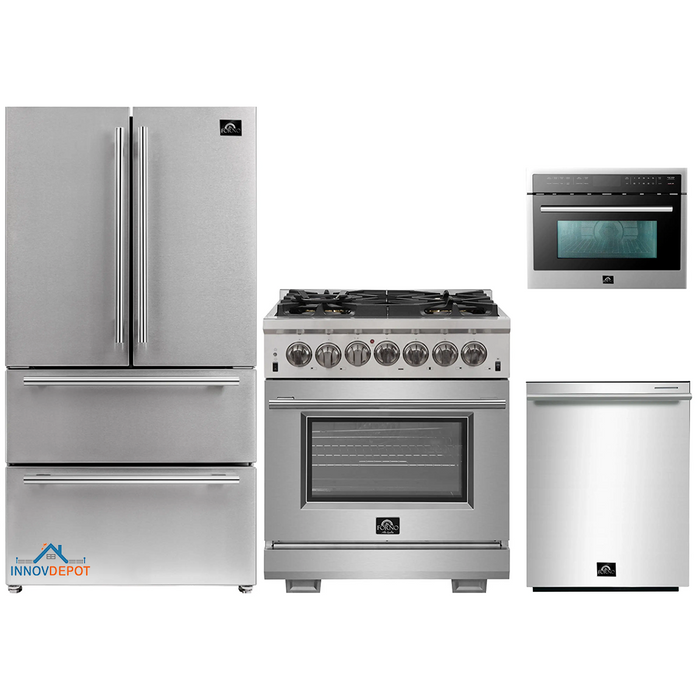 Forno 4-Piece Pro Appliance Package - 30-Inch Dual Fuel Range, Refrigerator, Microwave Oven, & 3-Rack Dishwasher in Stainless Steel