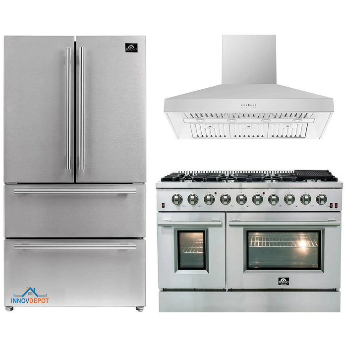 Forno 3-Piece Appliance Package - 48-Inch Gas Range, Refrigerator, & Wall Mount Hood in Stainless Steel