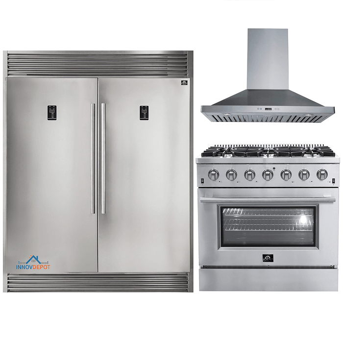 Forno 3-Piece Appliance Package - 36-Inch Gas Range, 56-Inch Pro-Style Refrigerator & Wall Mount Hood in Stainless Steel