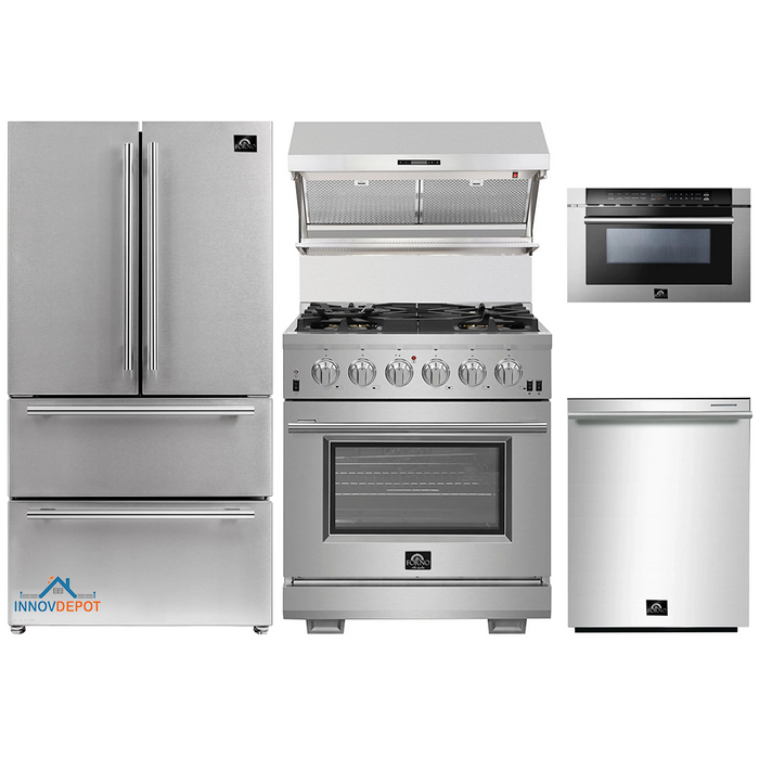 Forno 5-Piece Pro Appliance Package - 30-Inch Gas Range, Refrigerator, Wall Mount Hood with Backsplash, Microwave Drawer, & 3-Rack Dishwasher in Stainless Steel