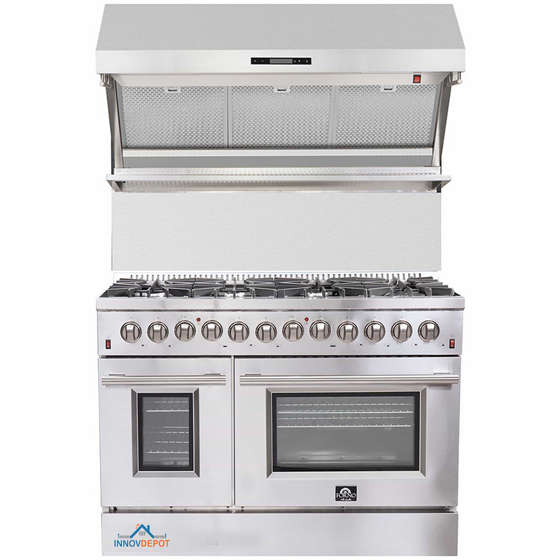 Forno 2-Piece Appliance Package - 48-Inch Dual Fuel Range & Wall Mount Hood with Backsplash in Stainless Steel