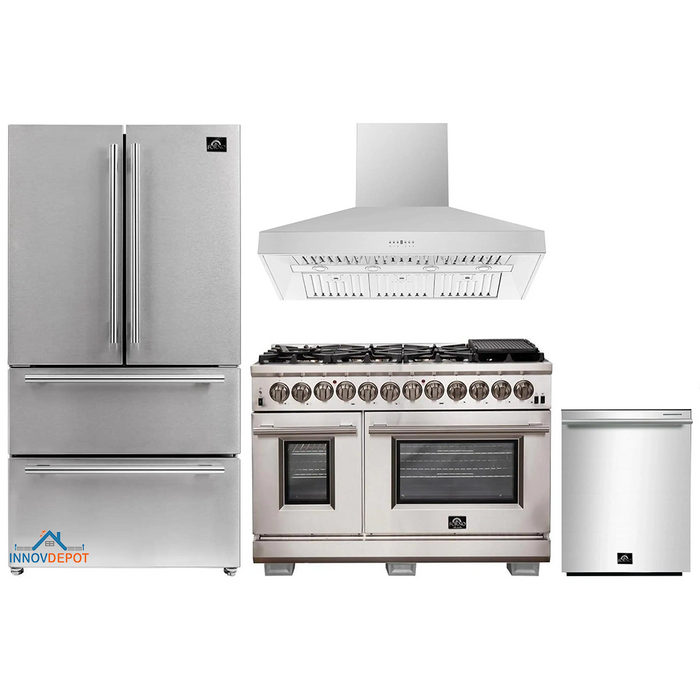 Forno 4-Piece Pro Appliance Package - 48-Inch Dual Fuel Range, Refrigerator, Wall Mount Hood, & 3-Rack Dishwasher in Stainless Steel