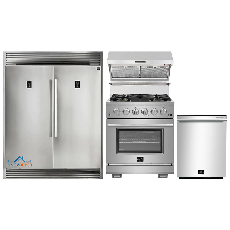 Forno 4-Piece Pro Appliance Package - 30-Inch Gas Range, 56-Inch Pro-Style Refrigerator, Wall Mount Hood with Backsplash, and Dishwasher in Stainless Steel
