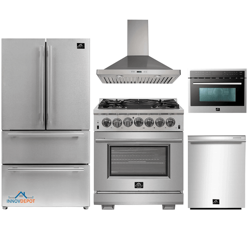 Forno 5-Piece Pro Appliance Package - 30-Inch Dual Fuel Range, Refrigerator, Wall Mount Hood, Microwave Oven, & 3-Rack Dishwasher in Stainless Steel