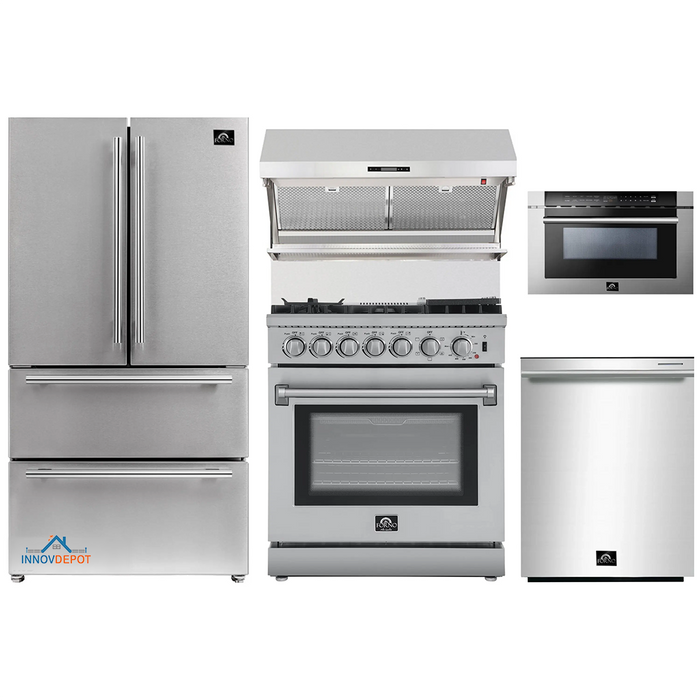 Forno 5-Piece Appliance Package - 30-Inch Dual Fuel Range with Air Fryer, Refrigerator, Wall Mount Hood with Backsplash, Microwave Drawer, & 3-Rack Dishwasher in Stainless Steel