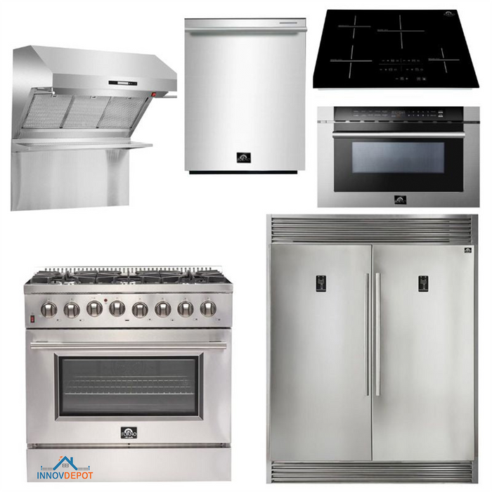 Forno Appliance Package - 36 Inch Dual Fuel Range, Range Hood, Refrigerator, Microwave Drawer, Dishwasher, Cooktop, FCTIN-FFSGS6156-36