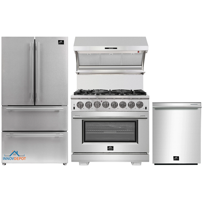 Forno 4-Piece Pro Appliance Package - 36-Inch Dual Fuel Range, French Door Refrigerator, Wall Mount Hood with Backsplash, and Dishwasher in Stainless Steel